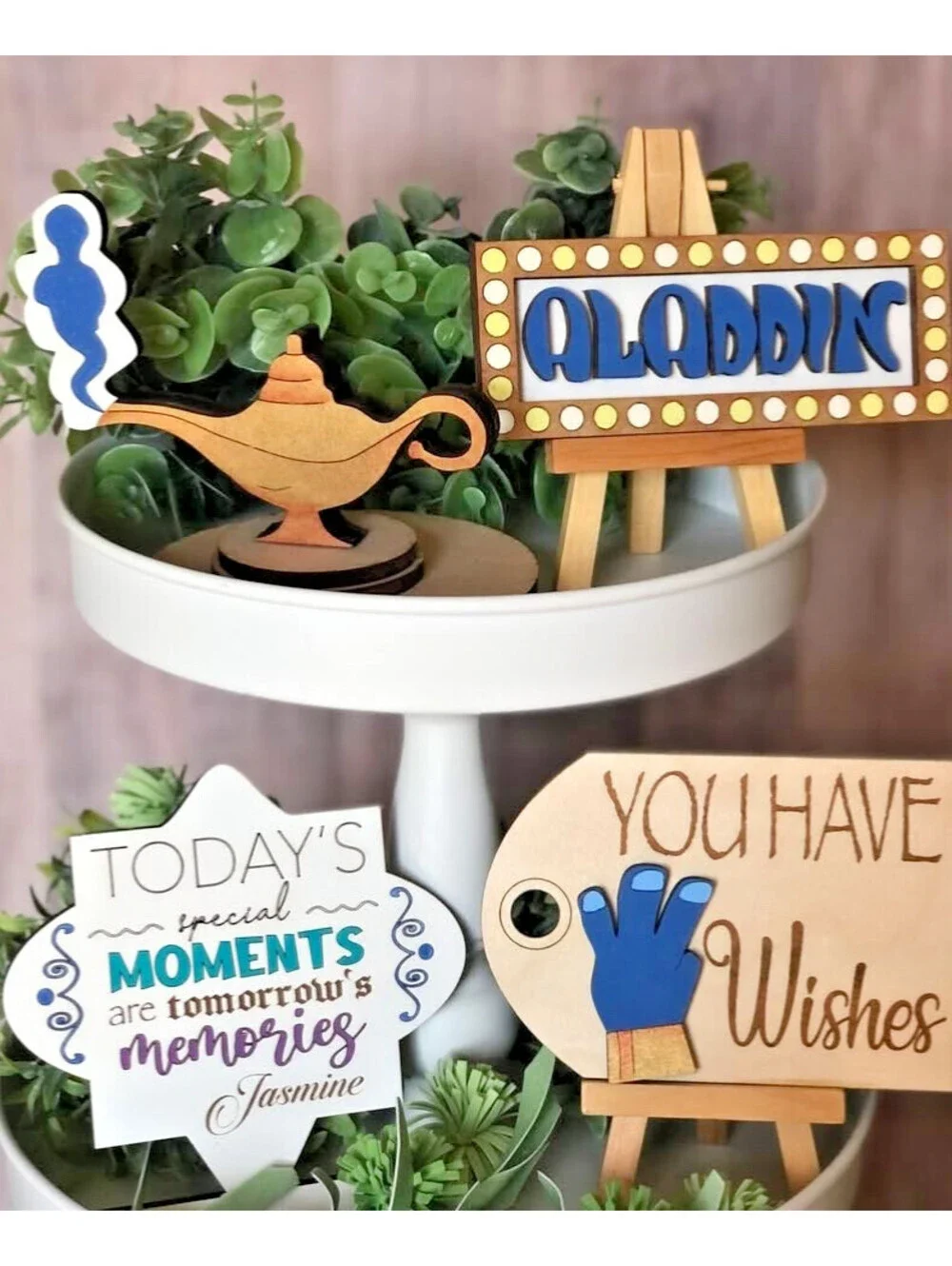 lot of 6 Pcs Aladdin Tiered Tray Decor Set Wooden Signs - hand painted OOAK